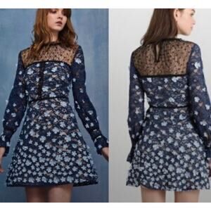 $238‎ foxiedox | Felicia | Crochet Lace Dress with Sheer Lace Neck Blue Size 8